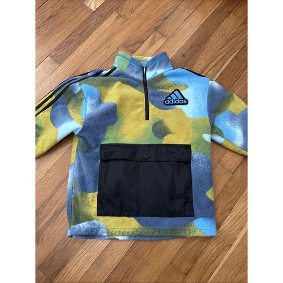 Adidas Boy's Fleece Pullover 1/4 Zip Blue Green Yellow Youth Size M - Picture 2 of 7